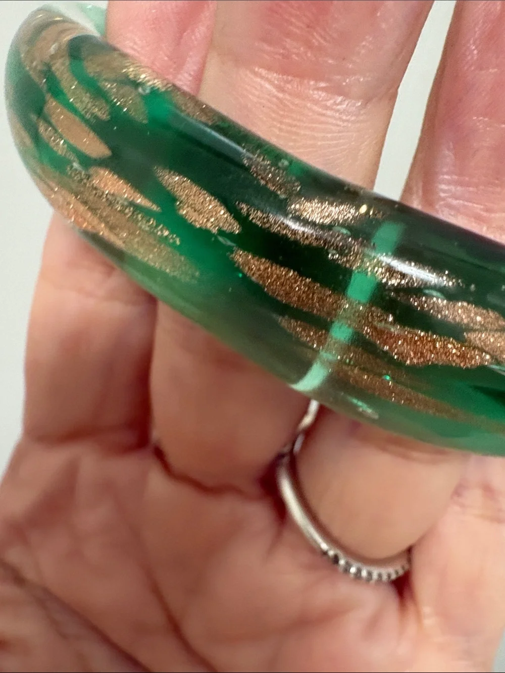 Green and Gold Glass Bangle Bracelet - Women Jewelry